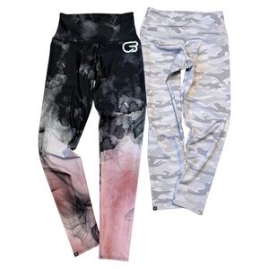 (2 PAIR) ONZIE Flow Leggings M/L Gray Camo Capri & Watercolor Smoke Full Length